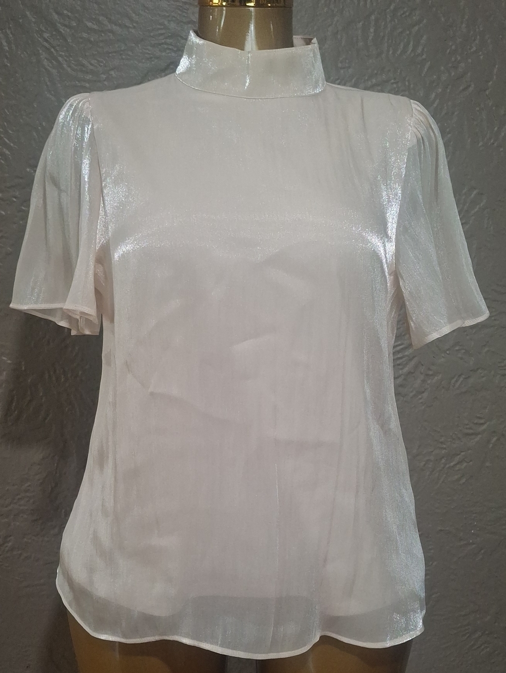 LC Lauren Conrad Shimmery White High-Neck Short Sleeve Blouse Size M